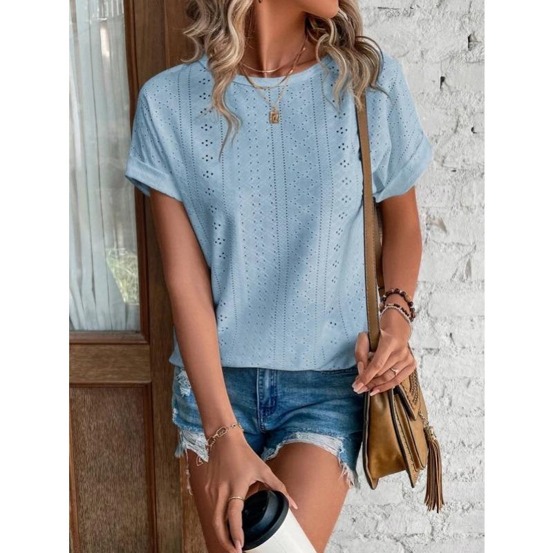 Fashion Casual Bat Short Sleeves Hollow Blouse Women O Neck Loose Summer T Shirts Female Office Tops Sweet Embroidery Solid Color Elegant Clothing