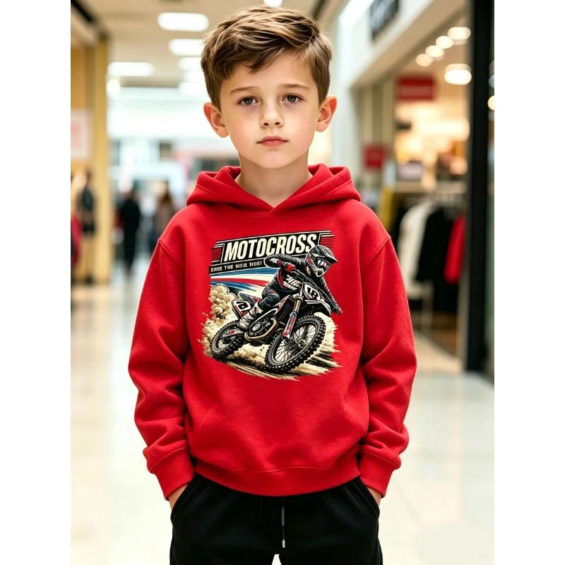 Teen Boys Kids Motocross Graphic Printed Hoodie Light Grey Biker Sweatshirt Y2K Casual Loose Autumn Winter Outerwear