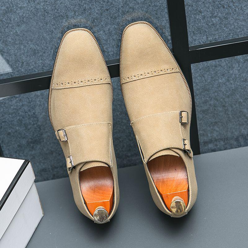 Men's Casual British Monk Strap Suede Shoes - Formal Square Toe Retro Apricot