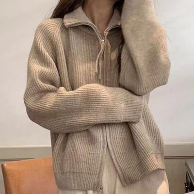 Autumn and Winter Casual Knitted Cardigan Women Double Zipper Lapel Solid Outerwear Sweater Women Tops Fashion Long Sleeve Warm Knitwears 24725