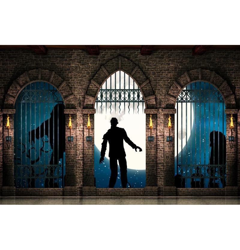 Medieval Castle Backdrop Halloween Decoration Brick Wall Iron Gate Pumpkin Graveyard Gothic Party Backgrounds for photographs