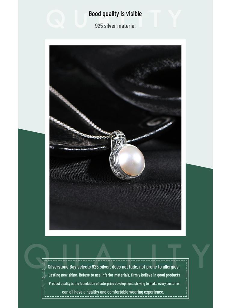 S925 Silver Natural Pearl Pendant Necklace: Mabe Pearl Bali Style