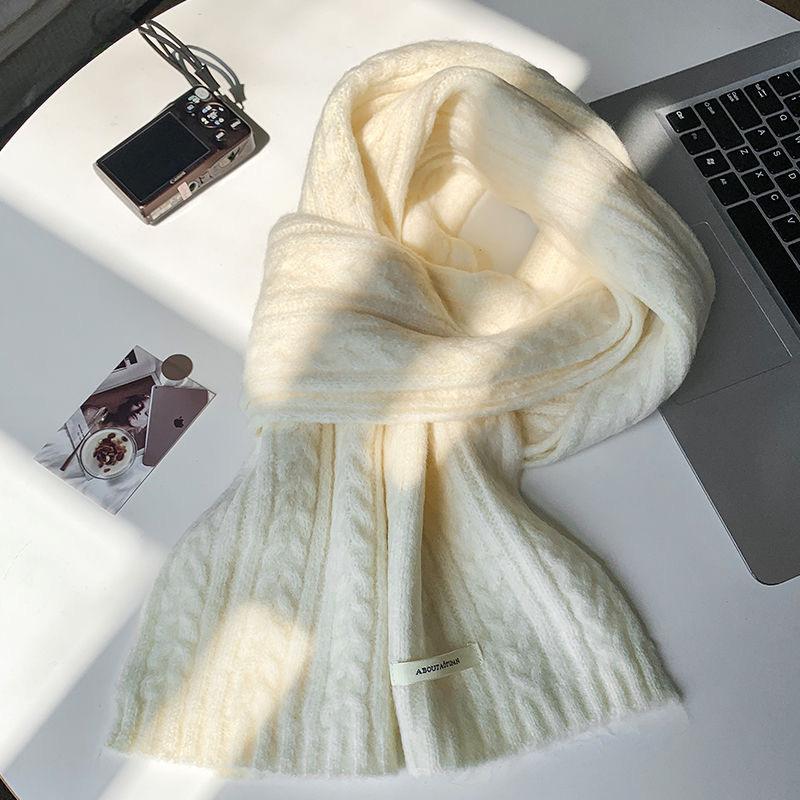 New Solid Color Twist Knitted White Green Scarf for Women in Winter with Wool Warm Scarf Korean Style Student Versatile