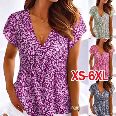Womens Fashion Clothing Summer Tops for Woman Causal Short Sleeve T-shirts Floral Printed Blouses Ladies Loose Cotton Plus Size Shirts