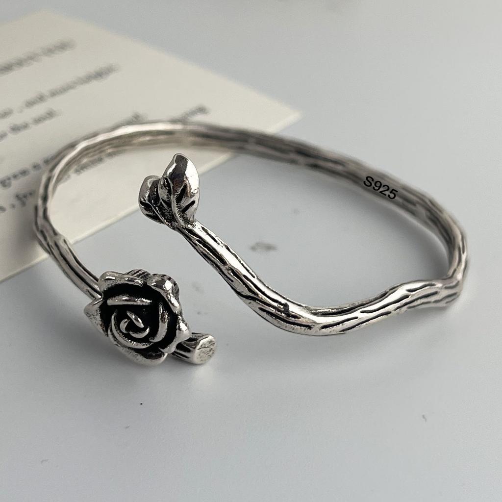 100% Solid 925 Sterling Silver Metal Bracelet for Women Vintage Handmade Simple Retro Flower Chain Bracelet Birthday Gift Party