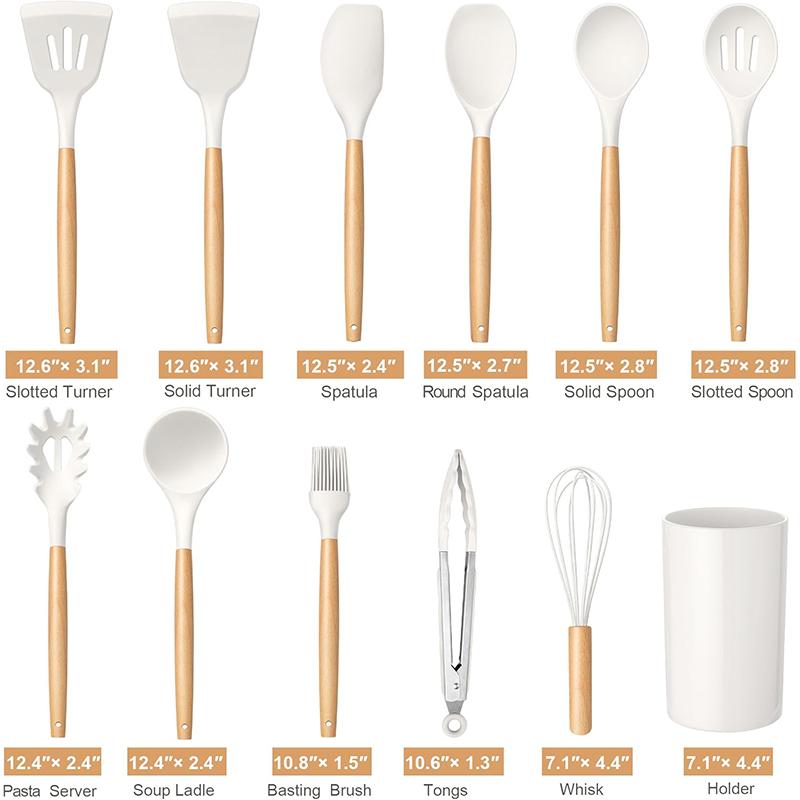 12 Pcs Silicone Kitchen Utensils Set Non Stick Silicone Cooking Utensil Set Heat Resistant Cookware with Wooden Handle JT558