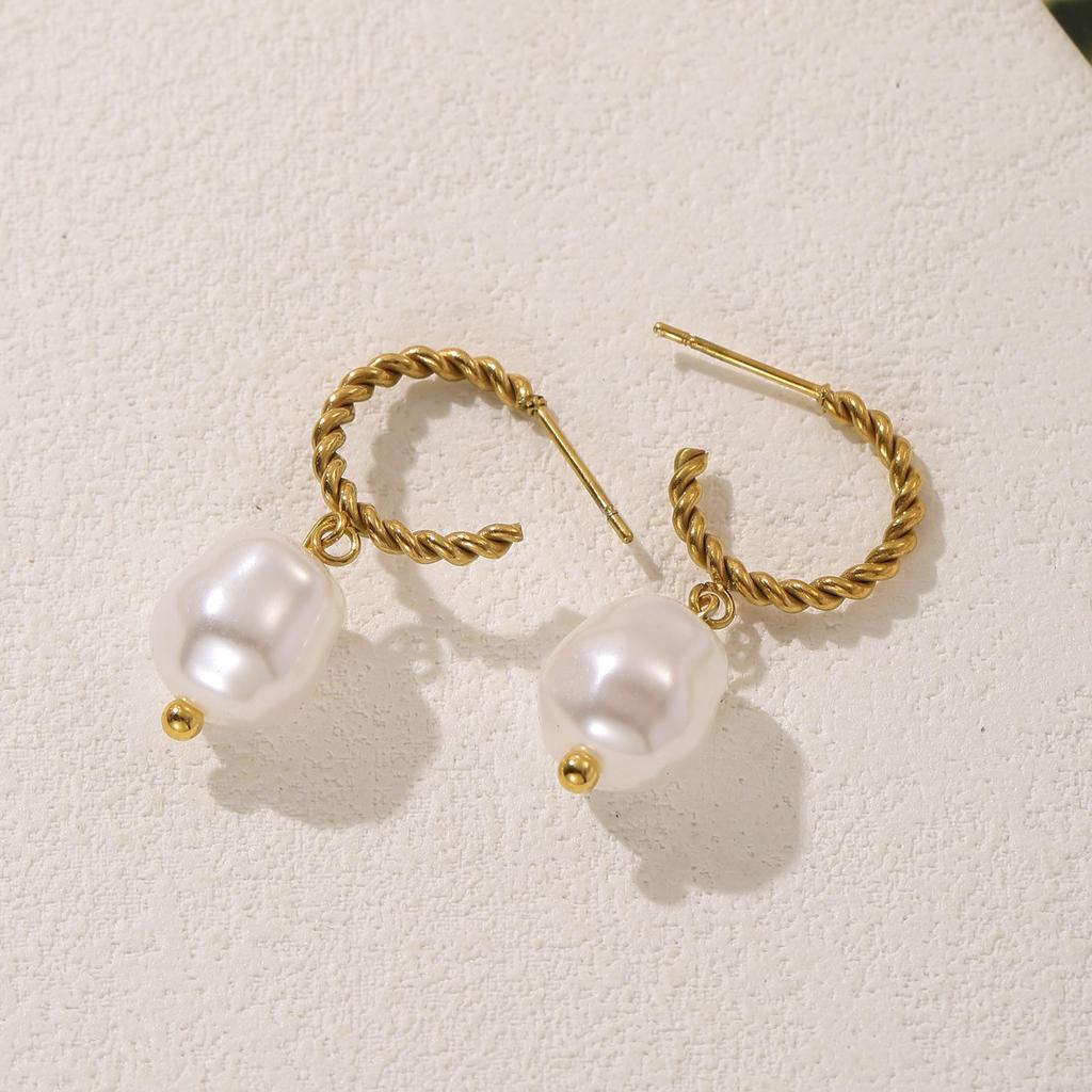 304 Stainless Steel Twisted Hoop Baroque Faux Pearl Dangle Earrings for Women