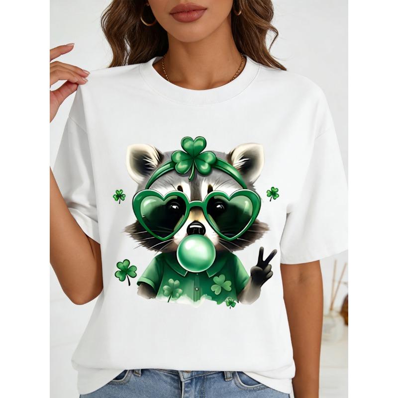 Women's stylish casual raccoon pattern T-shirt - Loose short-sleeved round-neck shirt, for St. Patrick's Day celebration