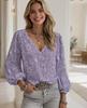 Women Floral Embroidered Mesh Blouse V Neck Long Sleeve Top Elegant Casual Lace Up Front Tops