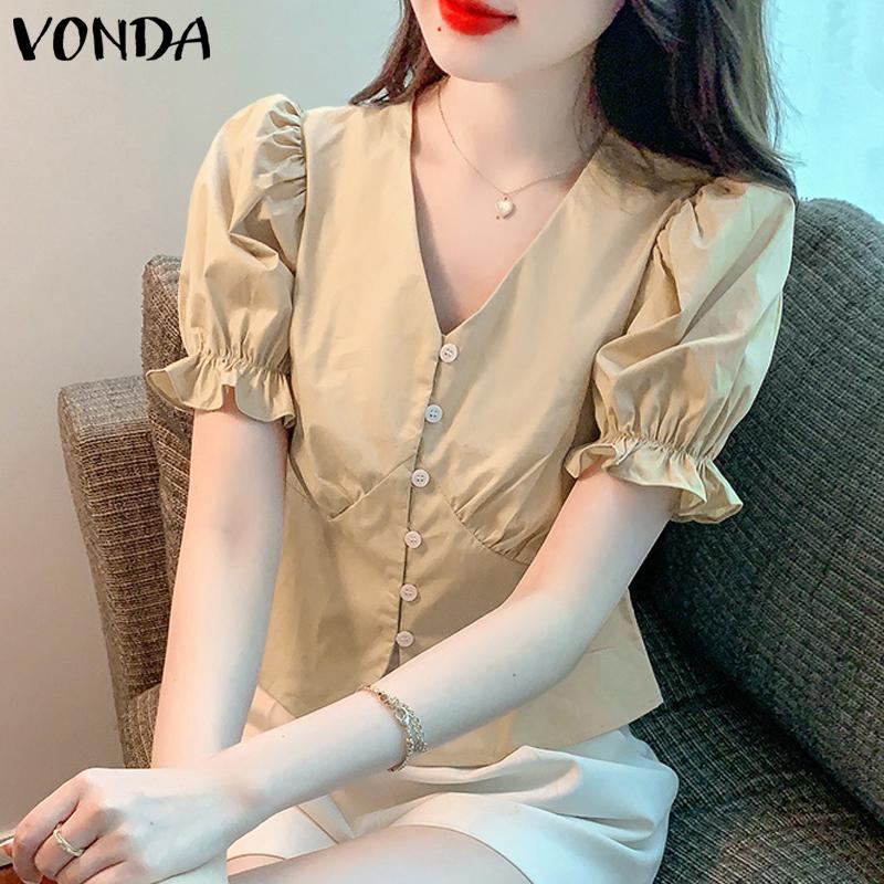 

VONDA летние женские однотонные топы с v-образным вырезом и рукавами-фонариками, рубашки