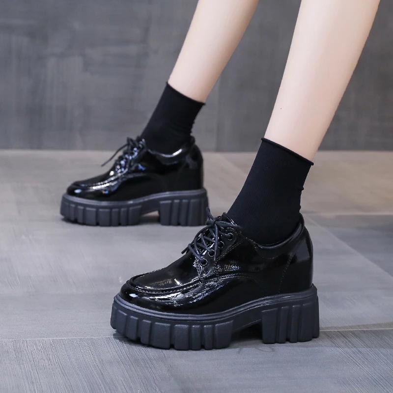 Lucyever Lace Up Platform Loafers Women 2024 Autumn Patent Leather Chunky Heel Pumps Woman Round Toe Hidden Heels Shoes Female