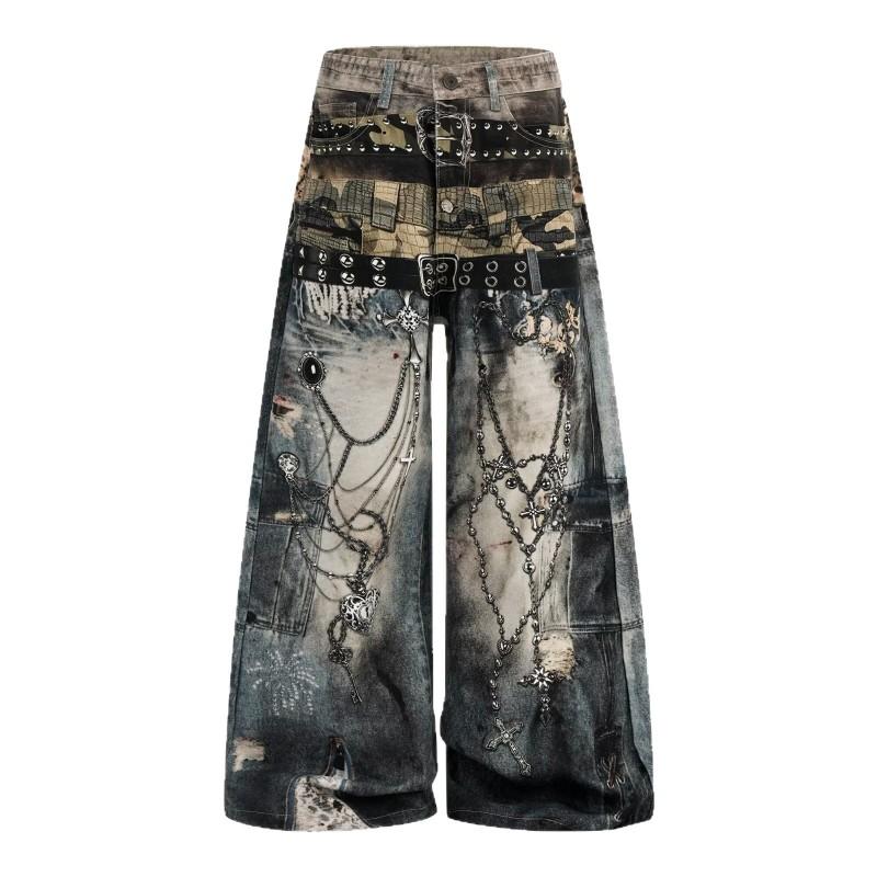 High-Waisted Punk Rock 3D Printed Denim Jeans Women Loose Fit Streetwear Hiphop Style Wide Leg Pants