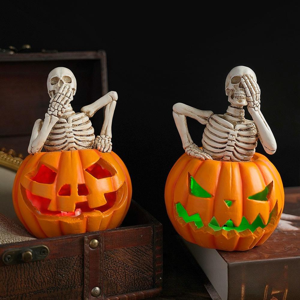 Resin Handicrafts Cartoon Halloween Skull Statue Skeleton Sculpture Hollowed-out Pumpkin Home Decoration Accessories