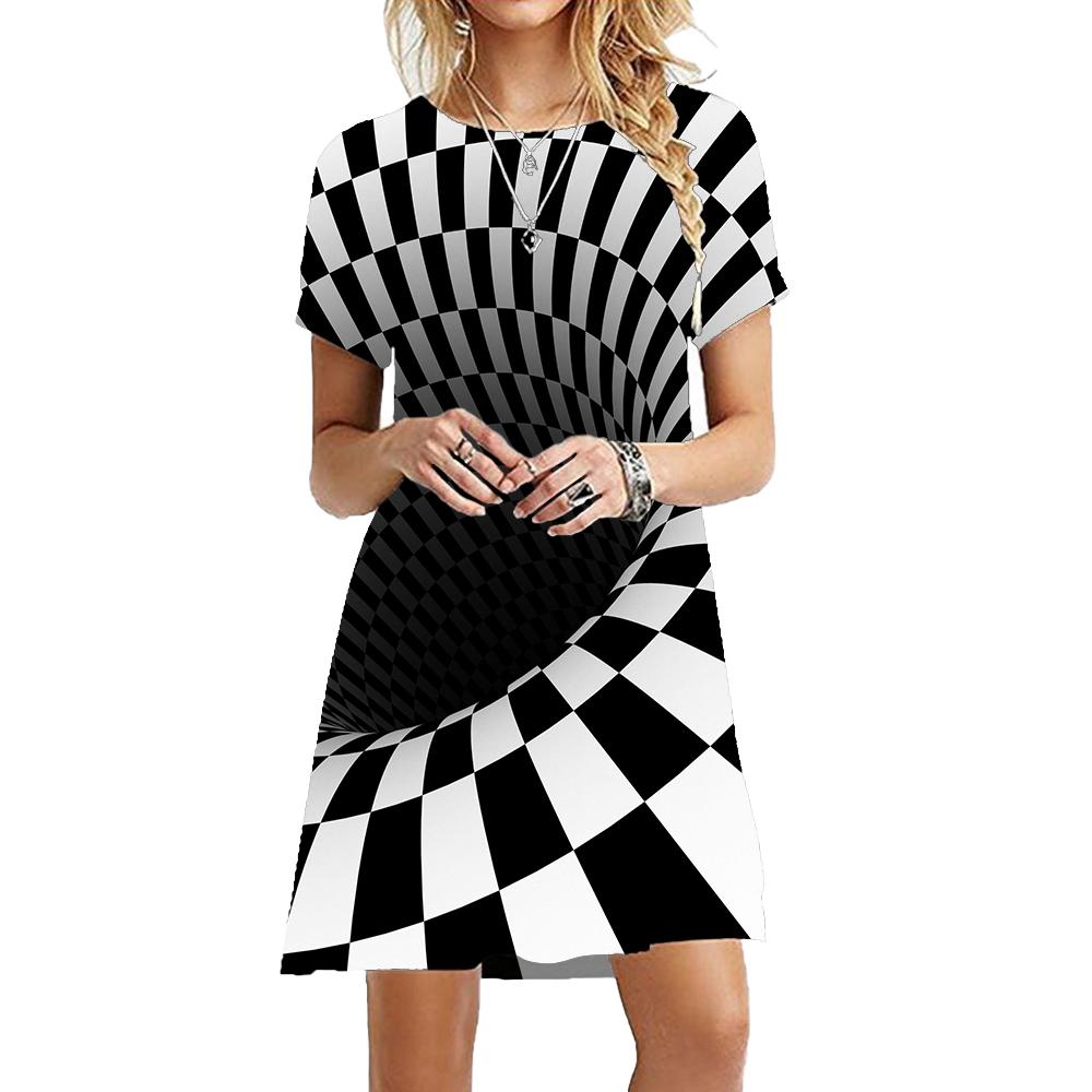 Women Fashion Optical Illusion Dresses Summer Short Sleeve Black White Striped Classic Dress Casual Pattern 3D Print Dress