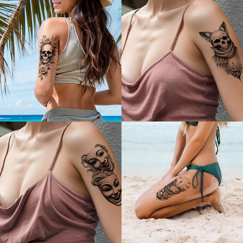 3pcs Temporary Tattoo Waterproof Long-lasting Body Stickers Anchored Pier Graveyard Skull Spider Skull For Women Adults Men