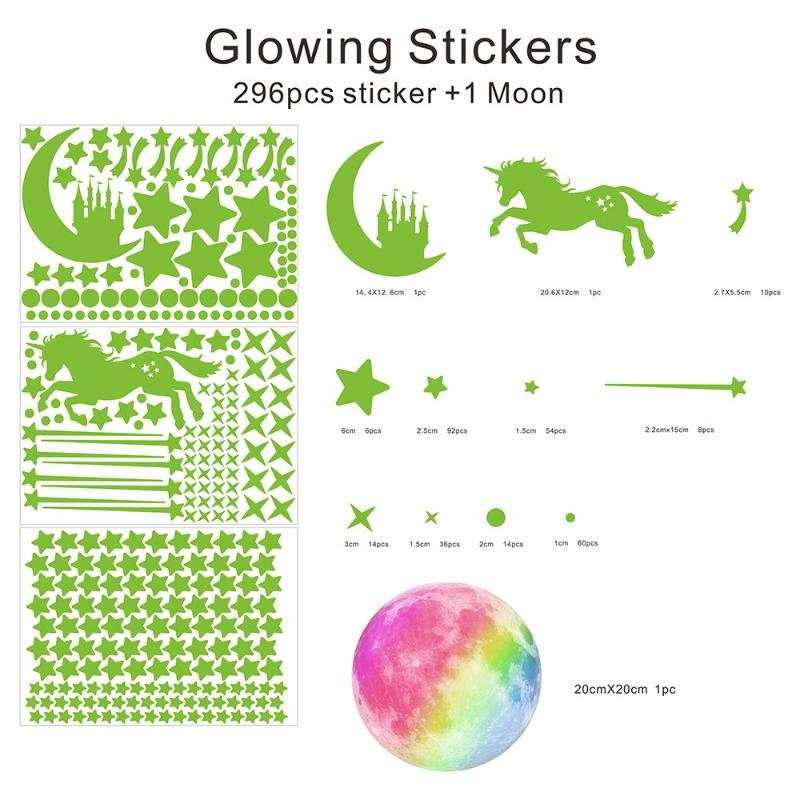 20Cm Rainbow Moon Glowing Unicorn Luminous Star Moon Castle Fluorescent Cartoon Wall Sticker