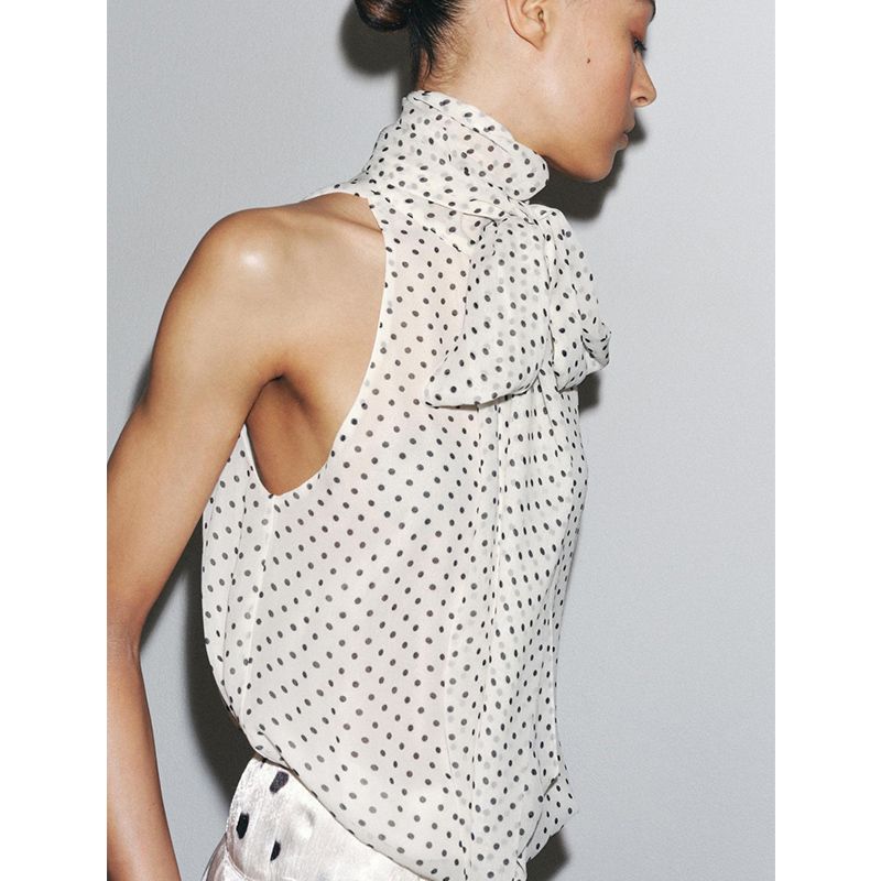 Summer New Women clothes French style Design Scarf Decoration Polka Dot Hanging Collar Straight Top 5289046