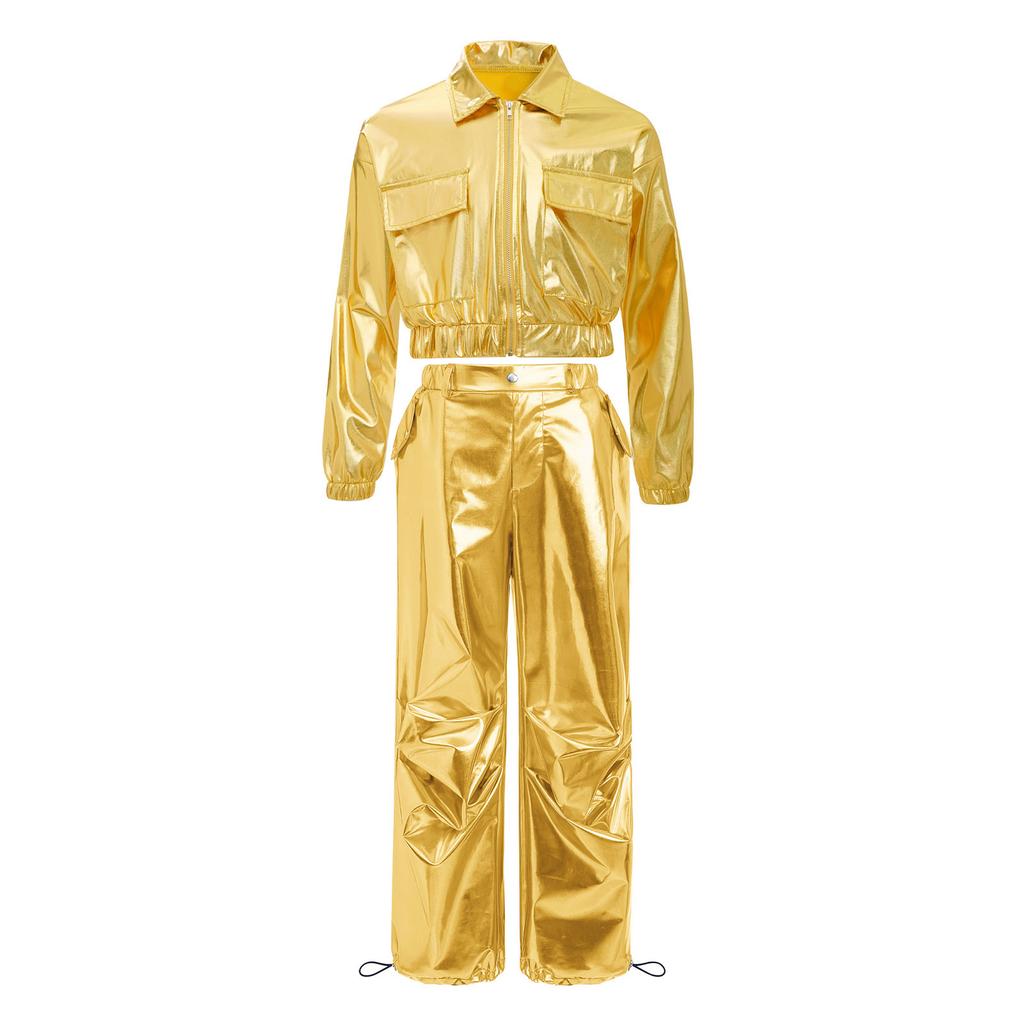 Unisex Kids Shiny Metallic Jacket Drawstring Cargo Pants Hip Hop Jazz Dance Costume Set