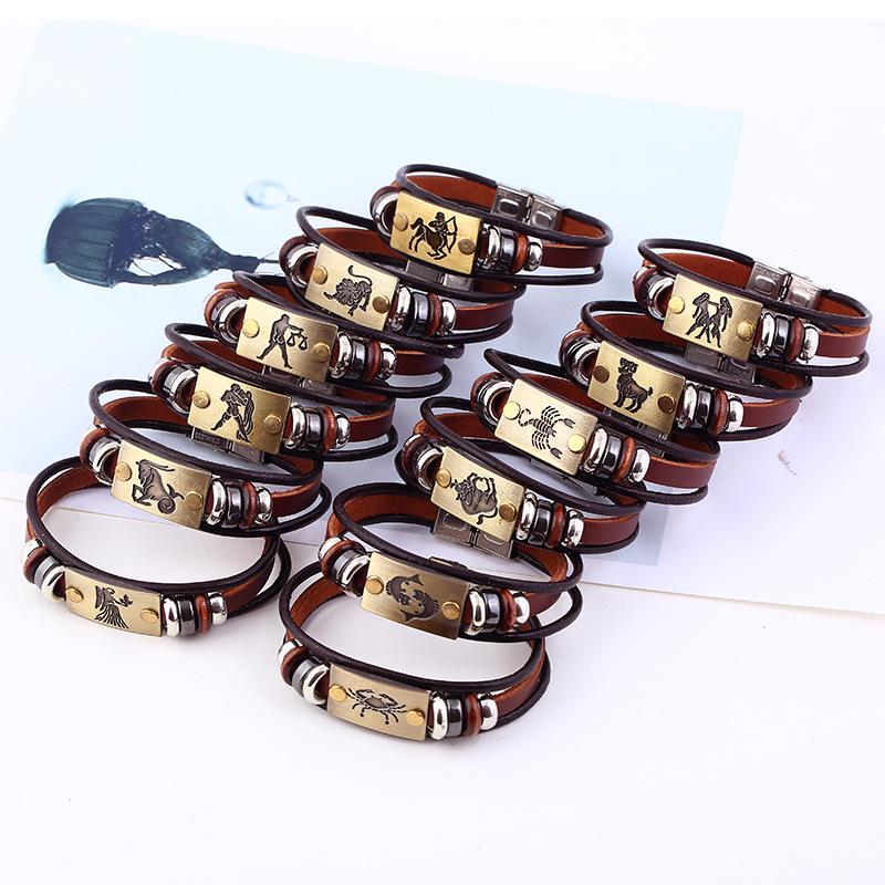 Twelve Constellations Cowhide Bracelet with Stainless Steel Buckle - Genuine Leather