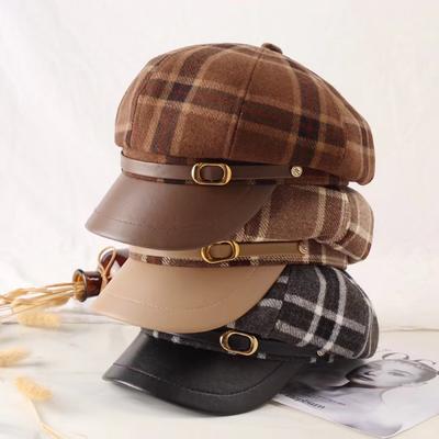 Women'S Breathable Polyester Spandex Beret - Japanese and Korean Style Knitted Newsboy Cap, Classic Plaid Design for Autumn and Winter