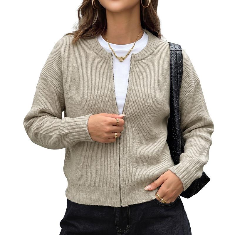 Herbst Pullover Rundhals Einfarbig Alltags Strick Cardigan mit Reißverschluss Jacke für Damen