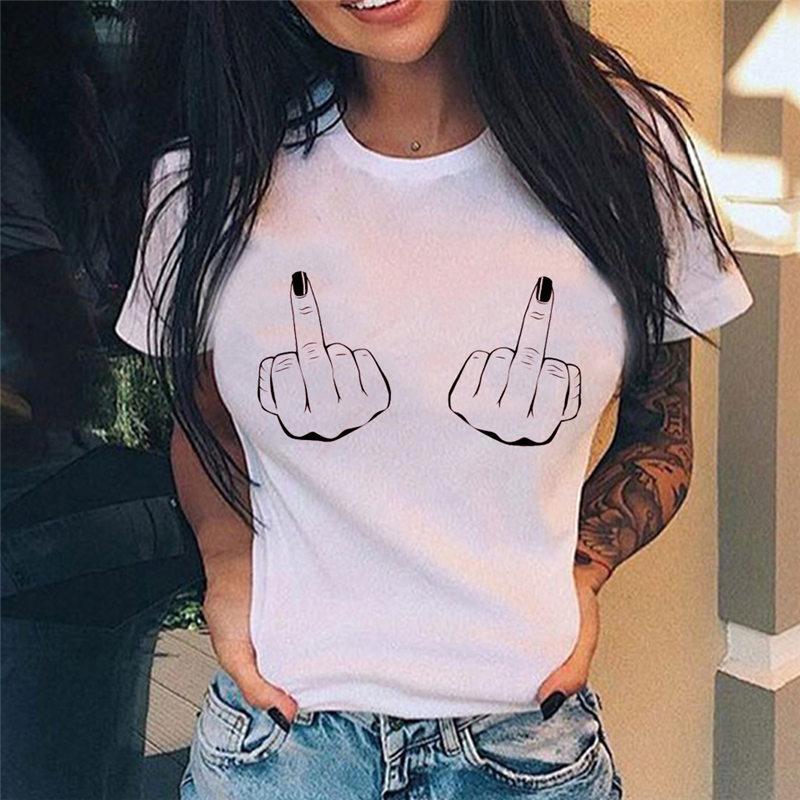 Summer Tshirt Women New Fashion Middle Finger Chest Graphic Printed Round Neck T Shirt Casual Simple Women Tee Tops Female