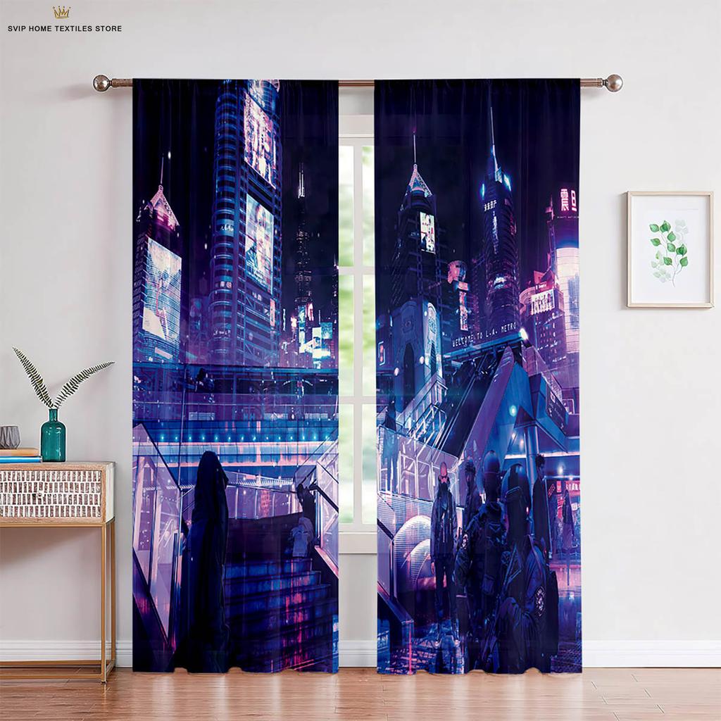 3D City Building Scenery Printing Window, Bedroom, Living Room, Kitchen Curtain, Home Decoration, 2 Pieces