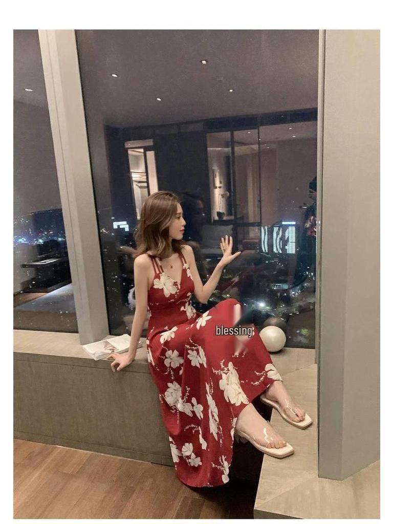 2020 Summer Korean Midi Backless Spaghetti Strap Beach Dress