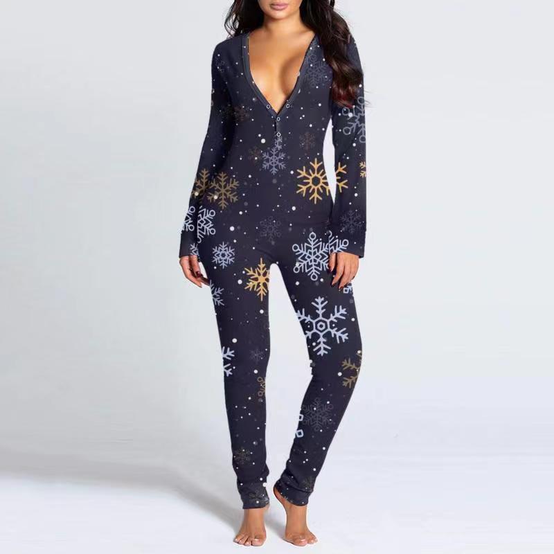 2023 Europäischer & Amerikanischer Weihnachten Langarm Knopfleiste Bedruckter Erwachsenen Jumpsuit