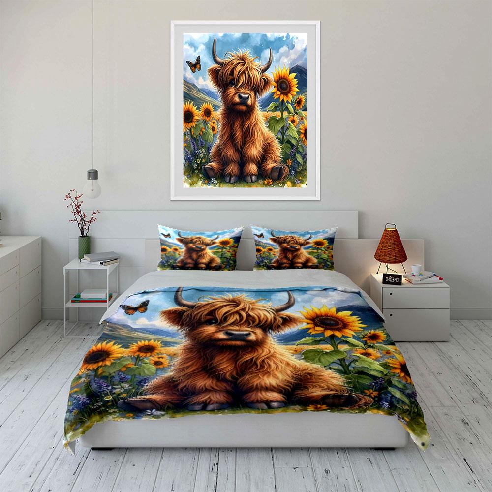 "Highland Cow and Sunflowers" Bedding Duvet Cover Set Duvet Cover Pillowcases (1 * Duvet Cover 2 * Pillowcases, without duvet insert)