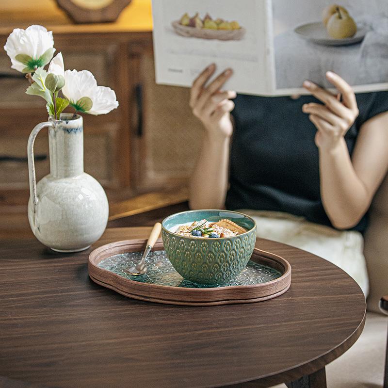 Finch Pattern Rice Bowl 5-Inch Relief Characteristic Ceramic Bowl High Value Retro Kiln Becomes Big Rice Bowl Set Export