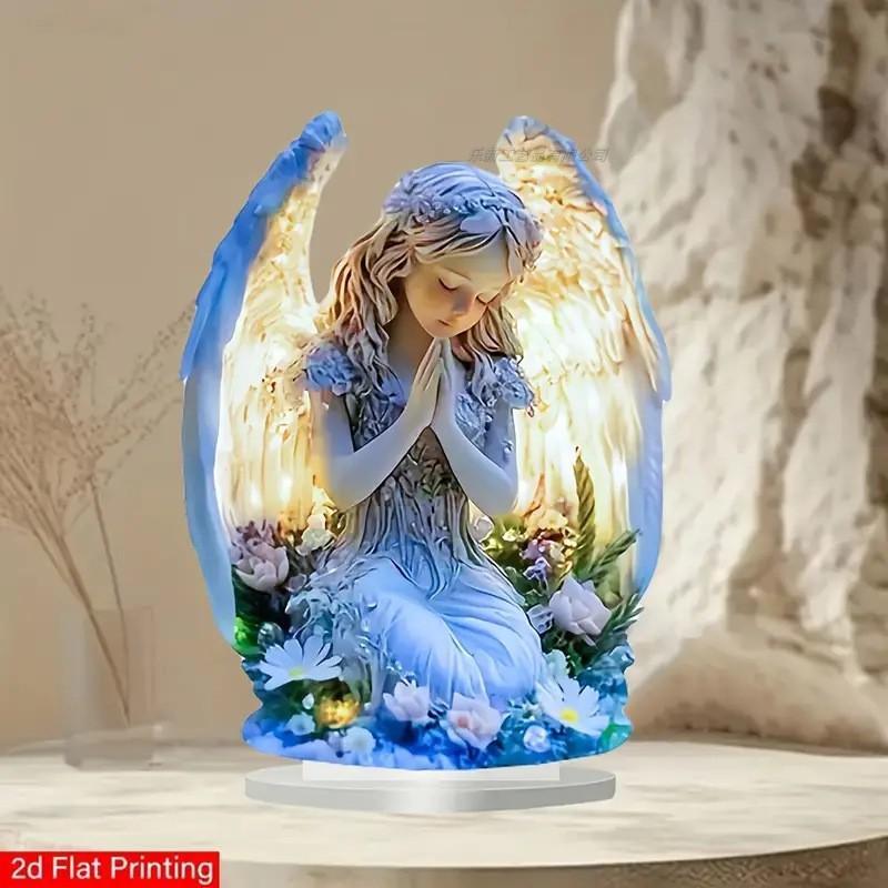 2D Flat Praying Angel Acrylic Sign, Floral Angel Figurine Table Ornament, Home Desktop Decorative Gift