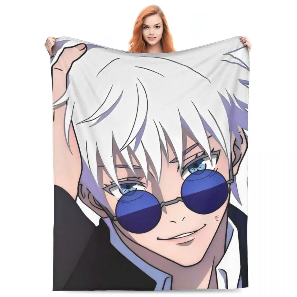 Gojo Satoru Knitted Blanket Anime Jujutsu Kaisen Flannel Throw Blanket Summer Air Conditioning Personalised Soft Warm Bedspreads