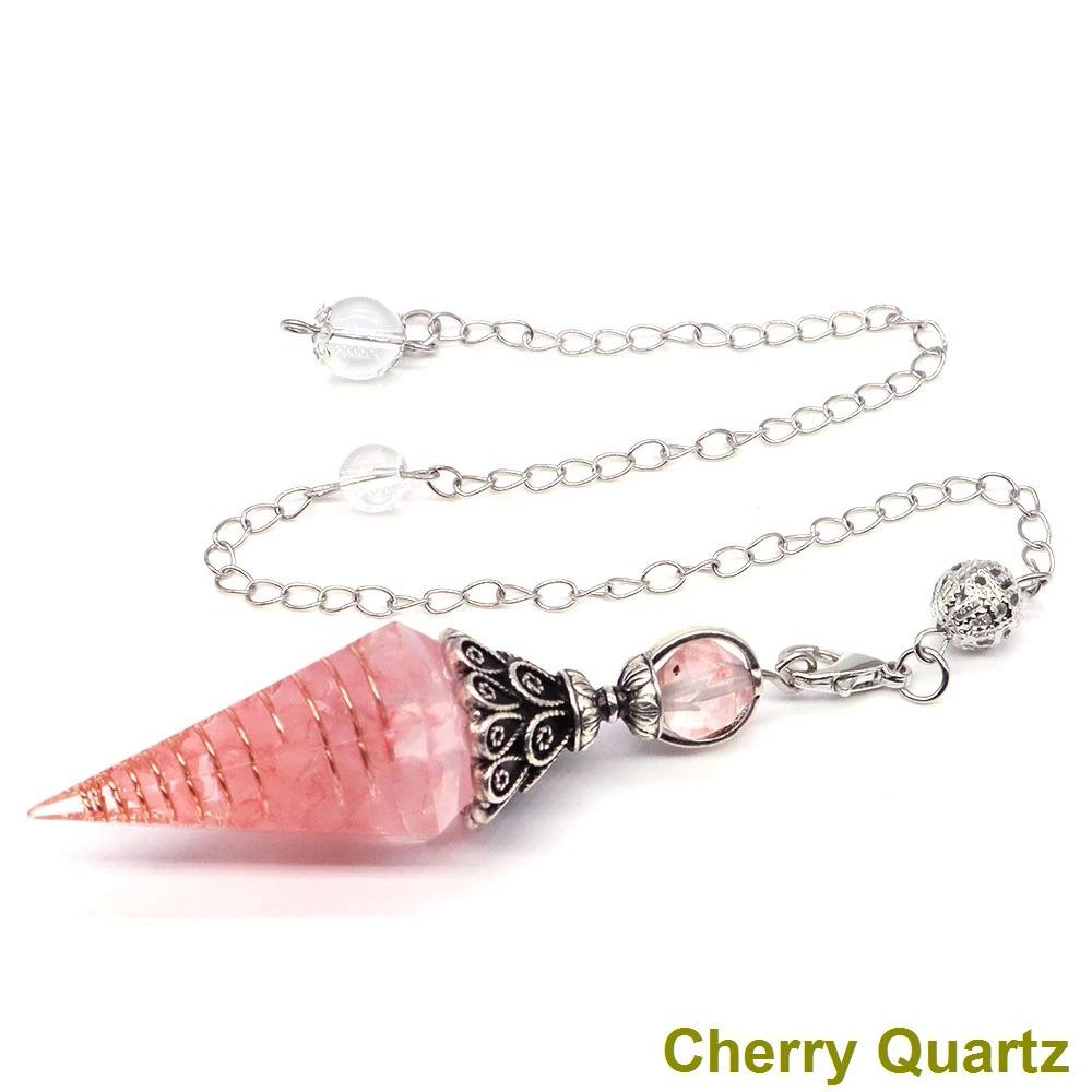 Antique Silver Seven Chakra Crystal Pendulum with Semi-Precious Chips and Resin Hexagonal Cone Pendant