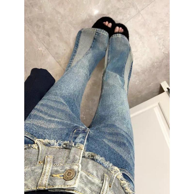 Jeans American Vintage Patchwork Micro-flare da Donna Primavera Design High Street Vita Alta Slim Fit Pantaloni a Zampa di Elefante
