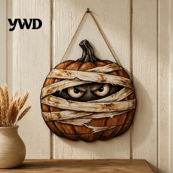 Autumn Theme Room Furnishings Halloween Mummy Pumpkin Hanging Sign, Retro Wooden Pendant with Decorative Party Sign Hemp Rope for Front Door