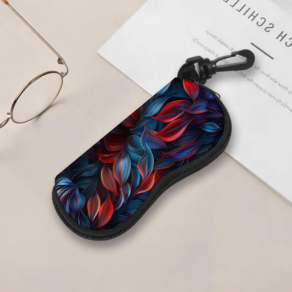 Floral Pattern Protective Sunglasses Case, Vintage Red And Blue Leaf Print Eyewear Pouch, Portable Zipper Glasses Organizer For Travel Daily Use