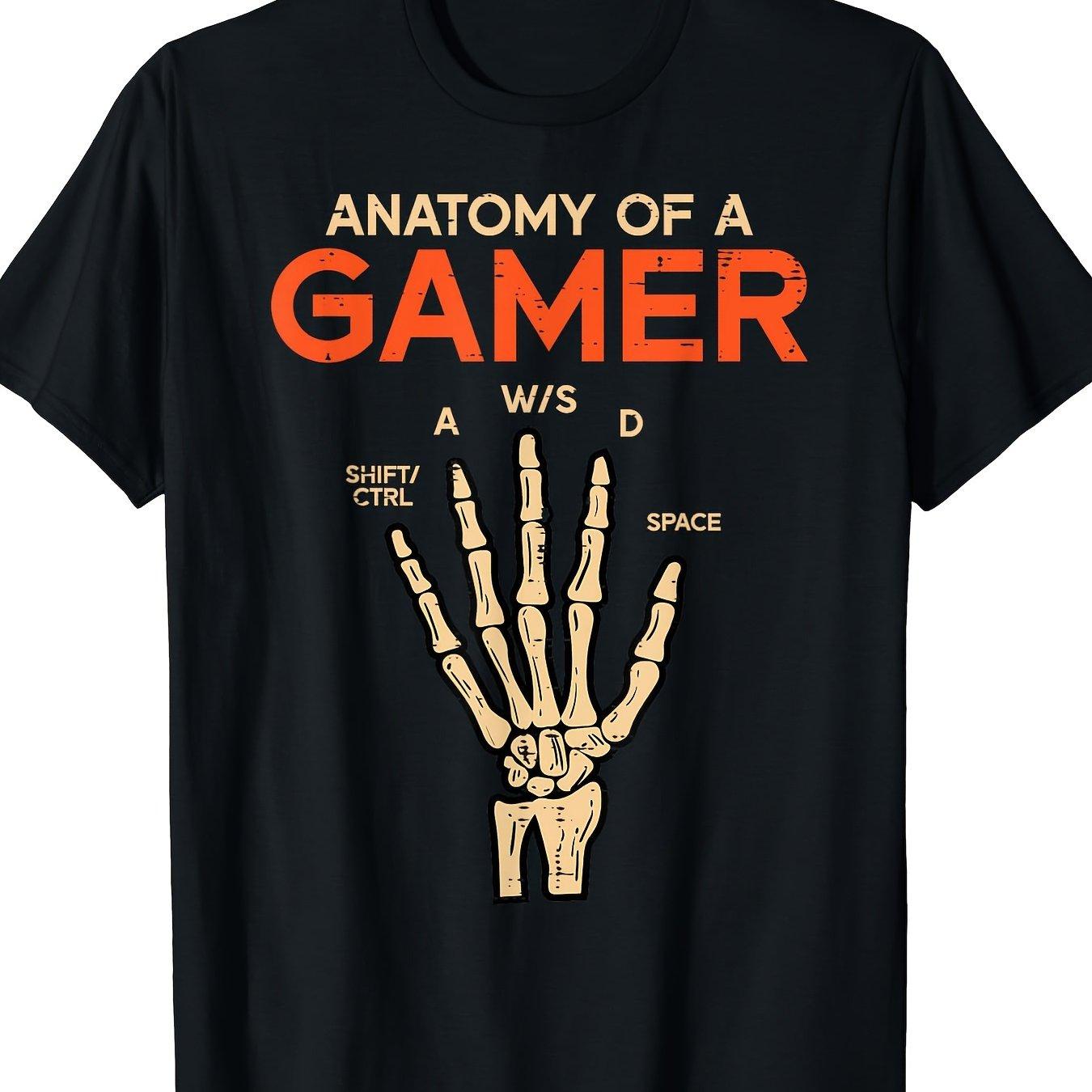 Gamer Anatomy Skeleton Hand WASD Keys Graphic Tee Mens Short Sleeve Crew Neck TShirt Casual Cotton S