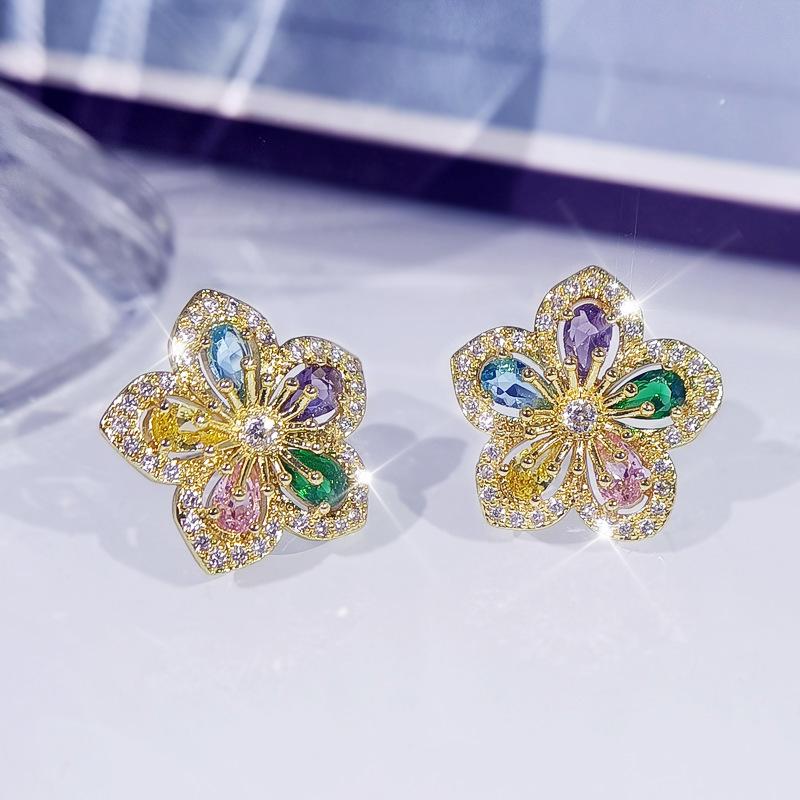 Natural Topaz Flower Stud Earrings  Color Needles Exquisite Craftsmanship Diamond Bizuteria Tone  Jewelry Aros Mujer Oreja