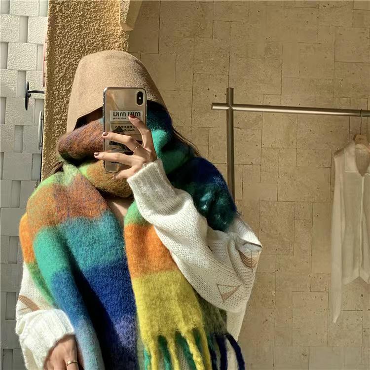 Damen Herbst & Winter Koreanischer Stil Regenbogen Karomuster Dickes Warmes Schal