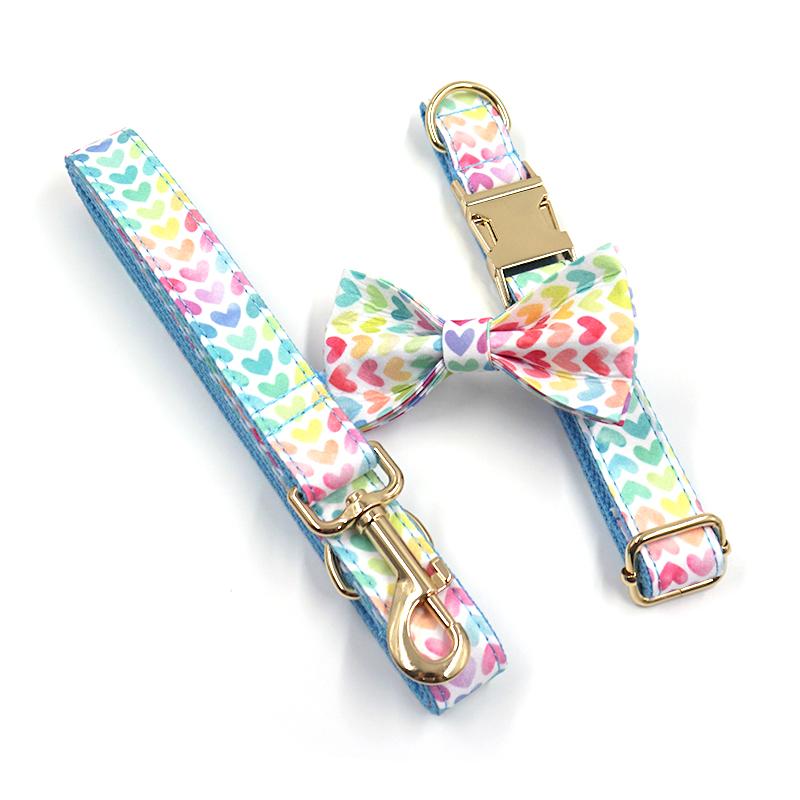 Good Quality Dog Harness Pet Collar and Leash Set Bow Tie Cute Design Colorful Heart Printing with Metal Buckles