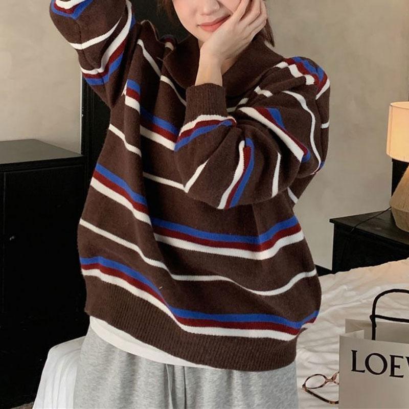 

Vintage Contrasting Colors Knitted Pullovers Autumn Winter New Striped Female Clothing Polo-Neck Button Loose Sweaters S коричневый