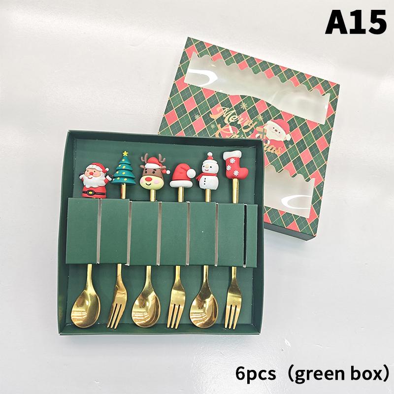 1/2/4/6 Stück Edelstahl Löffel Weihnachts Dessertlöffel Kuchengabel Cartoon Weihnachtsbaum Elch Löffel Gabel Weihnachtsgeschenkbox