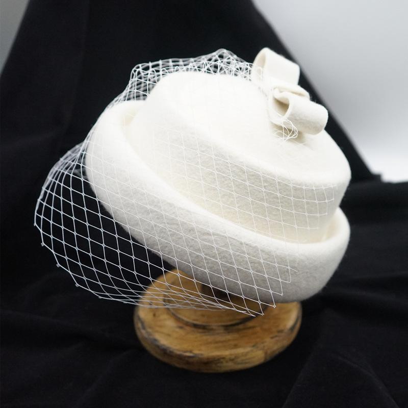 Japanese Retro Black White Brown Bow Mesh Crimped Woolen Top Hat Female Cute Elegant Beret