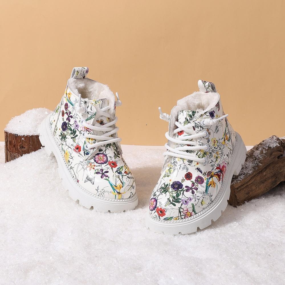 

Winter Children Snow Boots For Girls Leather Flower Warm Plush Toddler Kids Shoes Non-slip Cotton Kids Boots 23 бежевый
