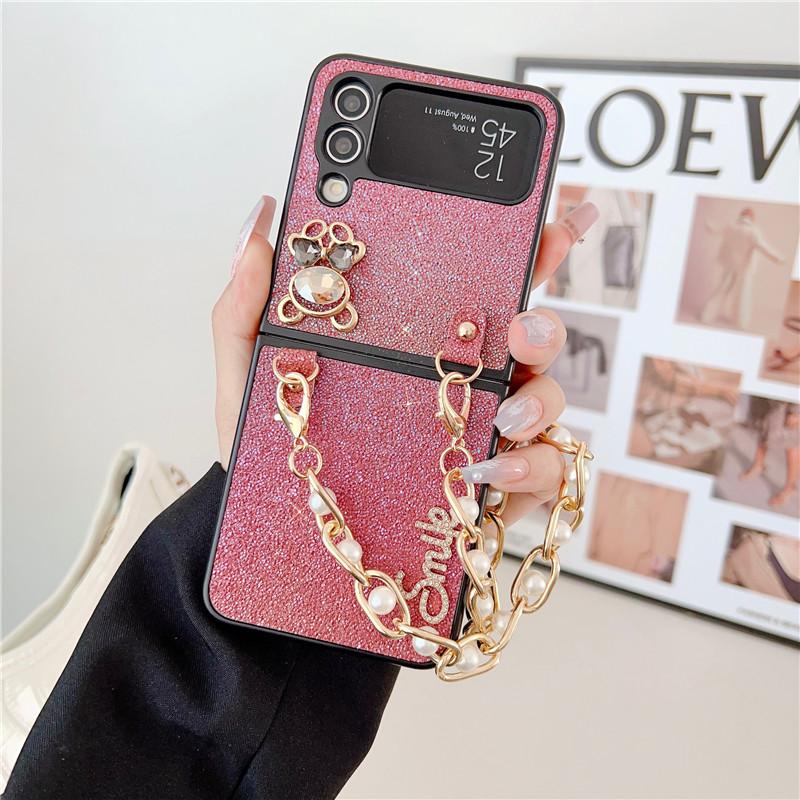 Luxury Cute Bear Glitter Pearl Short Chain Case for Samsung Galaxy Z Flip 4 Case 5G for Galaxy Z Flip3 Shockproof Cover