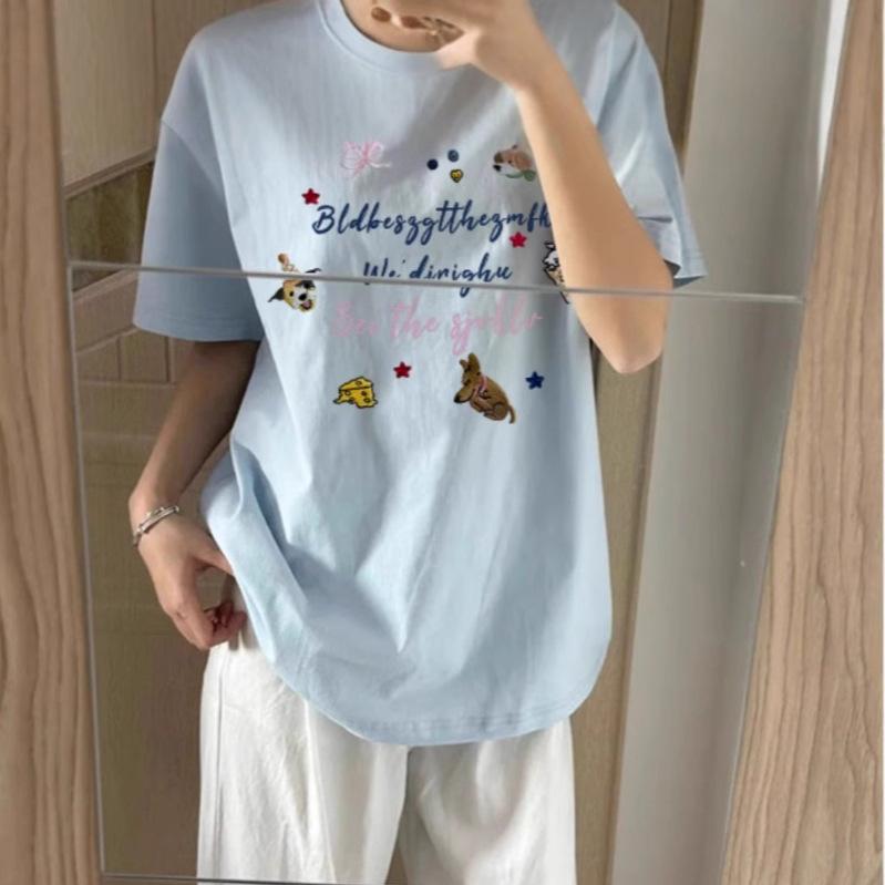 

Blue cotton short-sleeved T-shirt women s summer new American retro ins trendy brand loose large size niche versatile top m (recommended 80-100) светло-синий