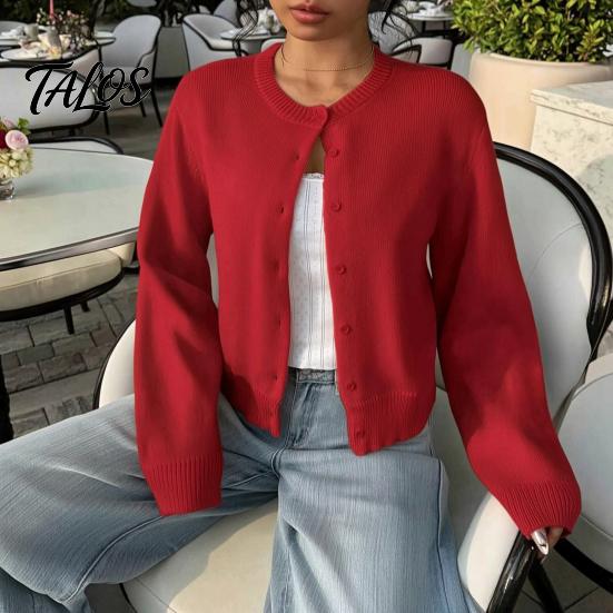 Maglia Lunga Manica Lunga Donna Cardigan Corto a Maglia, Top con Bottoni, Maglione Leggero Casual Girocollo per Primavera Autunno Aperto Davanti