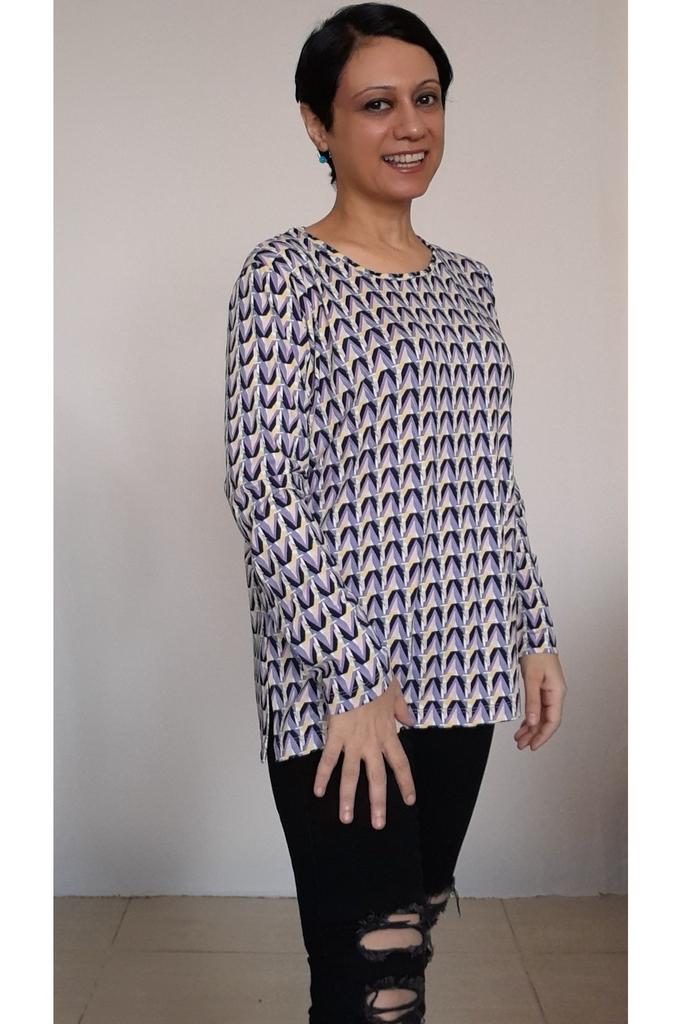 Women's Style Big Size T-Shirt Lilac Patterned Round Neck Long Sleeve Combed Cotton Viscose T-Shirt