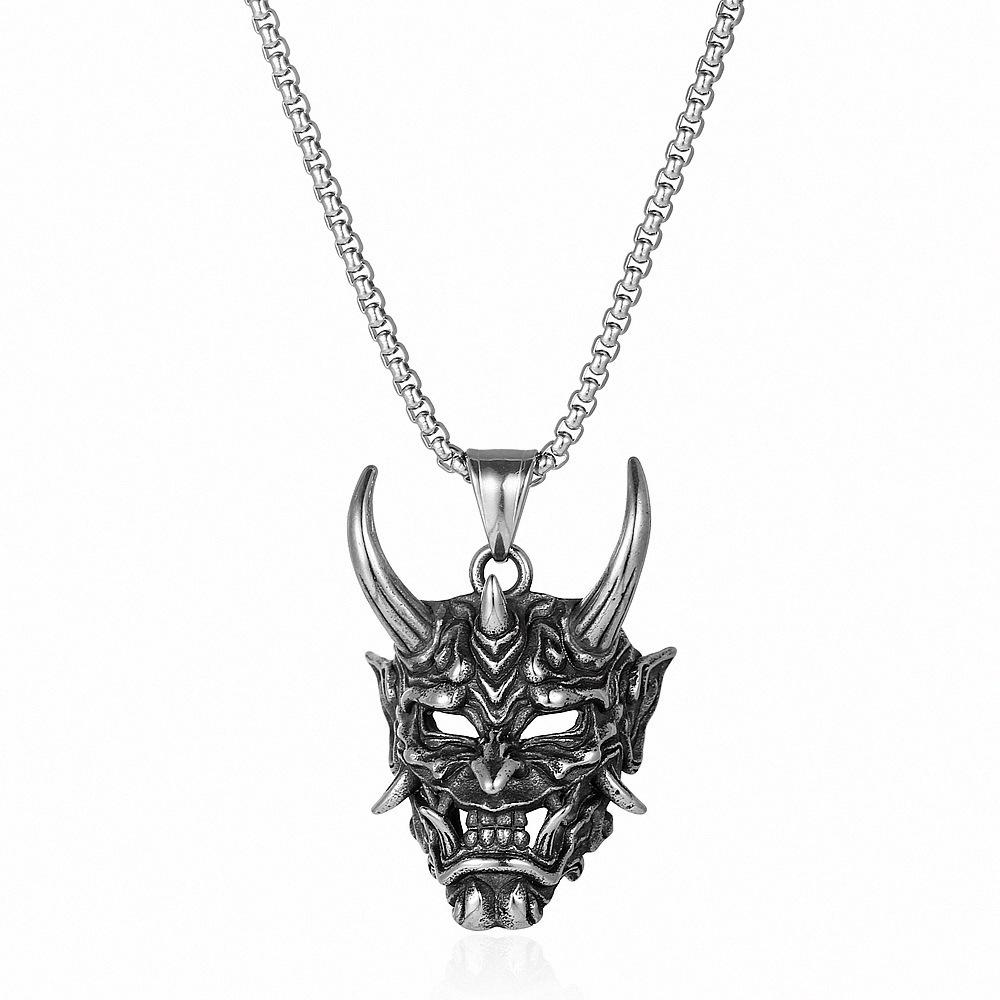 3D Carved Red-Faced Hannya Mask Pendant Necklace with Black Cotton Cord